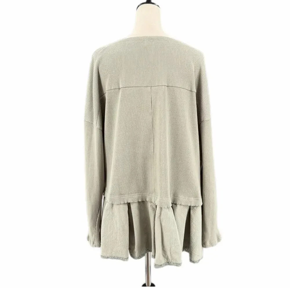 Free People Olive Green Ribbed Slouchy Flowy Hem Boho Chic Oversized Tunic Top